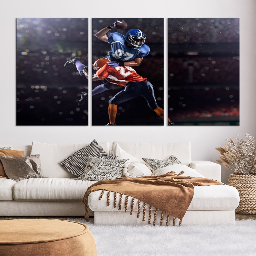 A stylish living room featuring a large gallery-quality American Football Wall Art Canvas Print, showcasing stadium sport imagery, on the wall.