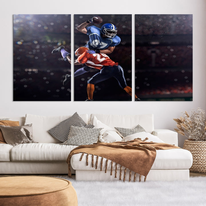 A stylish living room featuring a large gallery-quality American Football Wall Art Canvas Print, showcasing stadium sport imagery, on the wall.