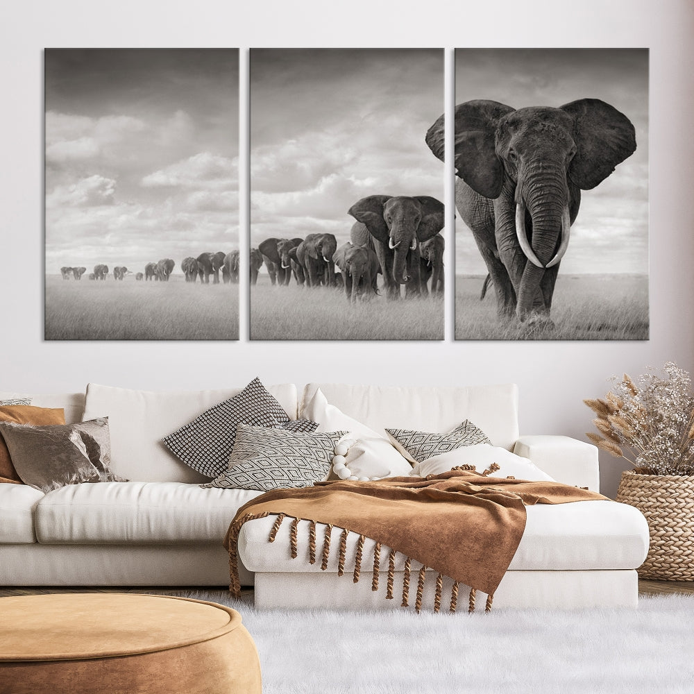 The Elephant Wall Art Canvas Print features a triptych of elephants in a savanna, elegantly displayed.