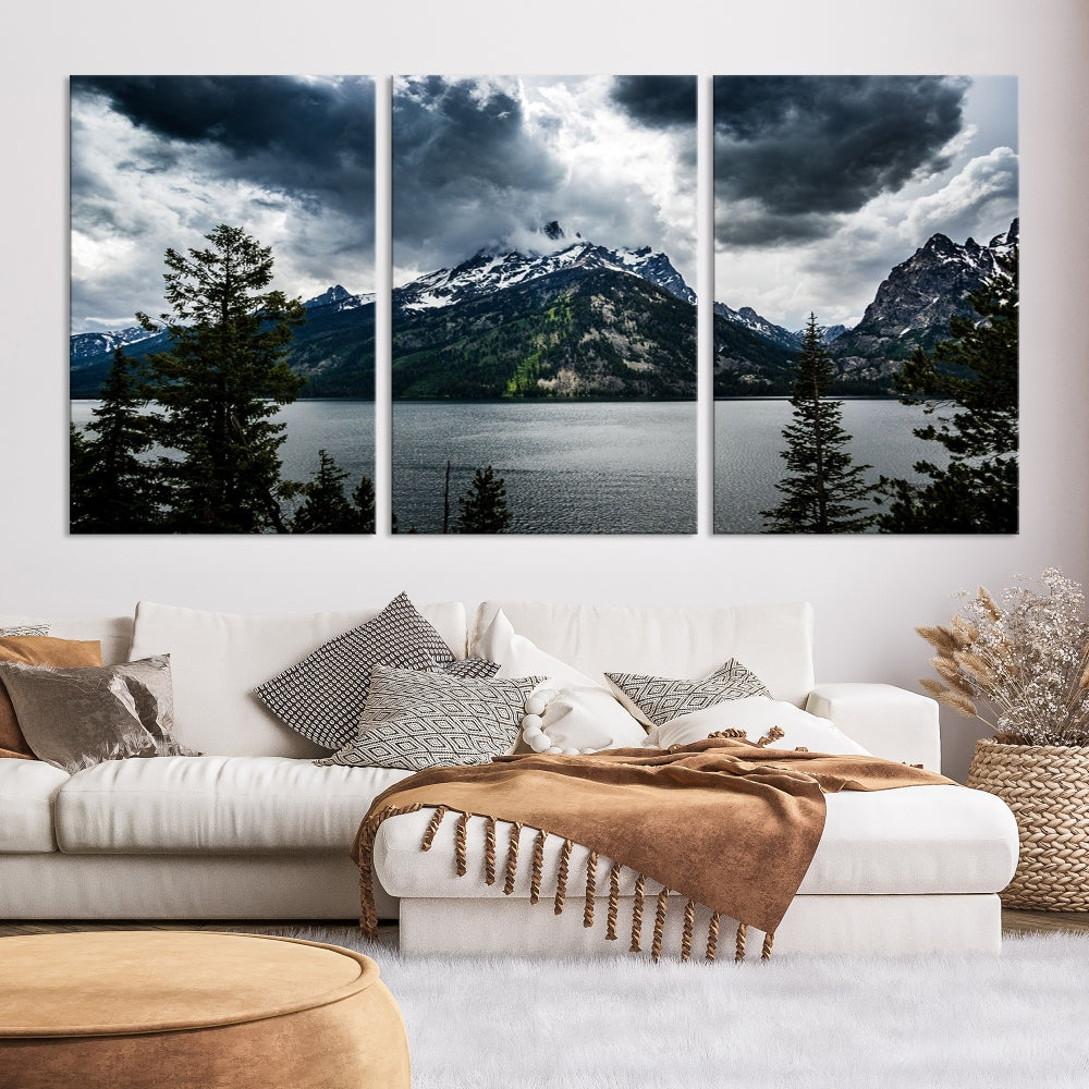 Grand Teton National Park Canvas Wall Art – Majestic Mountain Landscape Under Dramatic Clouds - Ready to Hang