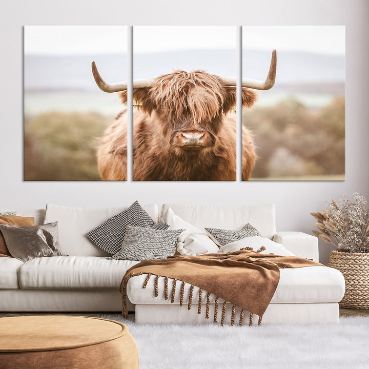 Canvas wall art featuring a Highland cow with long, shaggy fur in natural pastel tones, ready to hang.