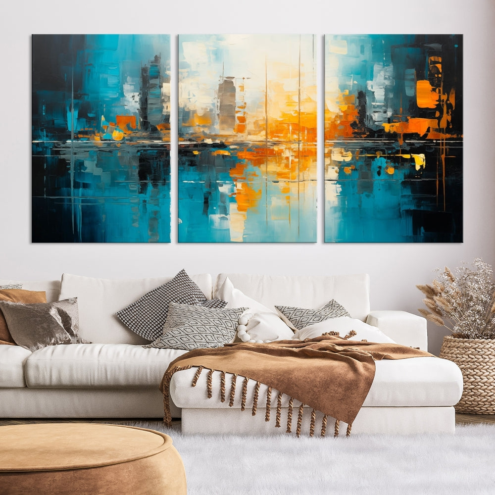 The Large Modern Abstract Wall Art Canvas Print, gallery wrapped on museum-quality canvas, enhances the modern living room setting.