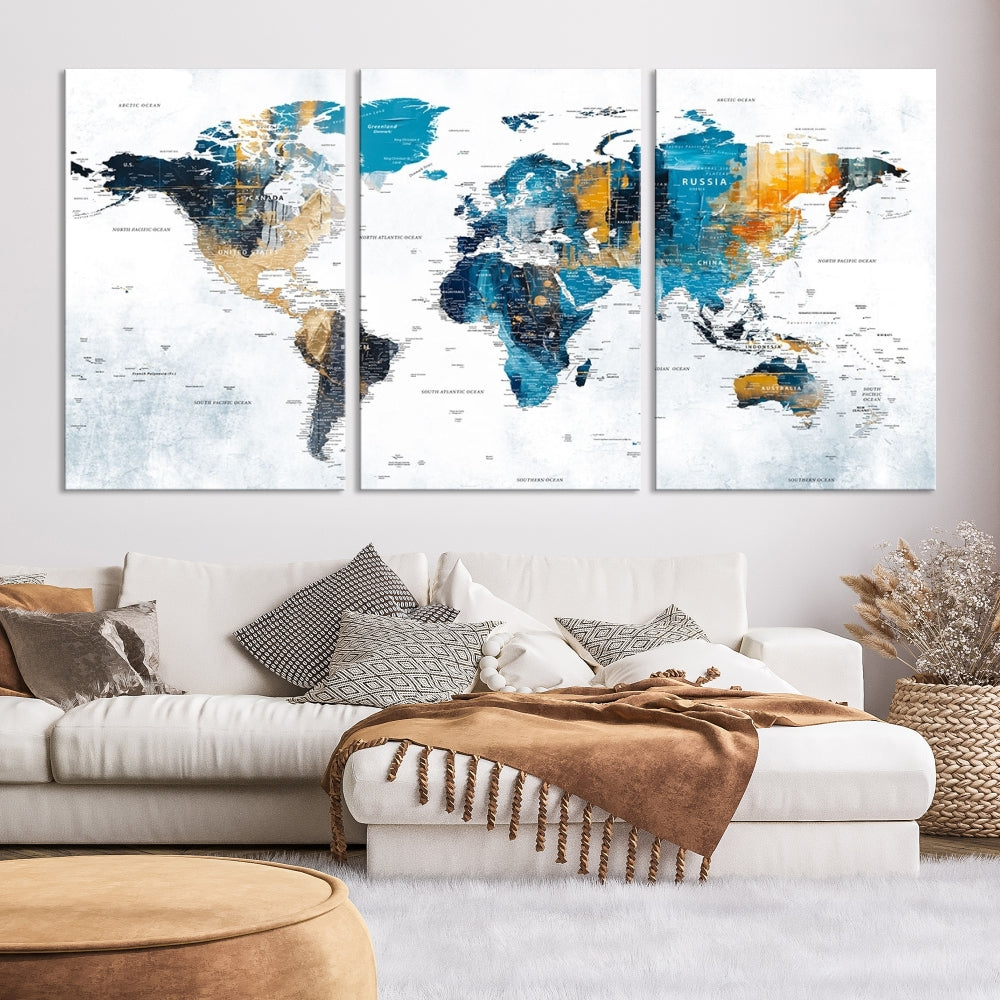 The World Map Turquoise Orange Wall Art Canvas Print, a triptych crafted on museum-quality canvases, adds aesthetic appeal and durability to the space.