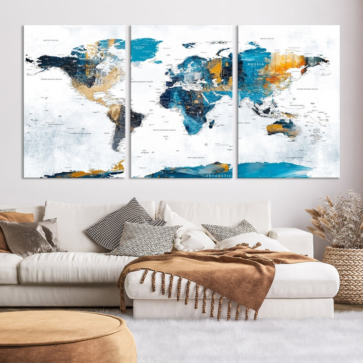 The "Turquoise Orange World Map Canvas Wall Art" showcases striking blue and orange tones. This museum-quality canvas features a UV-protective coating for enhanced durability and vibrant color retention.