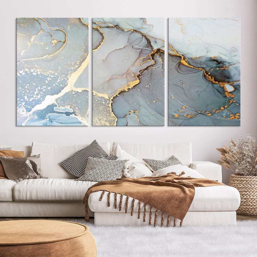 The Marble Texture Canvas Wall Art – Abstract Modern Design with Gold Accents is a perfect choice to enhance your modern space, featuring a triptych design on dark texture.