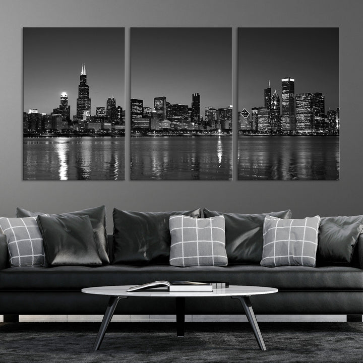 The Chicago Wall Art Canvas Print, a black and white triptych of a city skyline, adorns the space. This museum-quality canvas art arrives ready to hang, effortlessly merging sophistication with contemporary design.