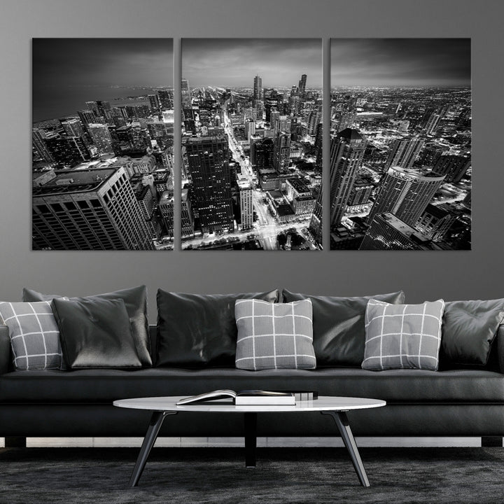 A Chicago Wall Art Canvas Print, specifically the Chicago City Night Canvas Print, is displayed in handcrafted frames.