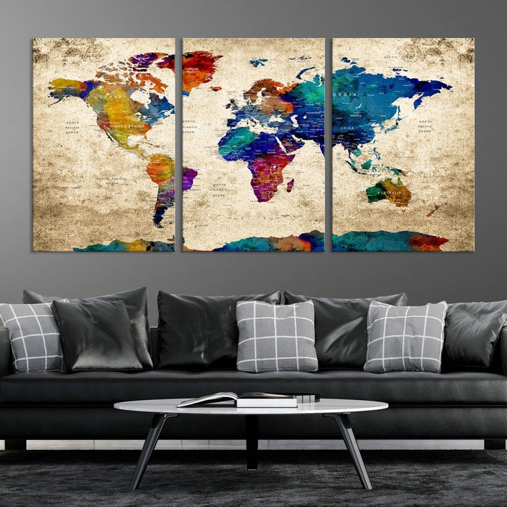 The Grunge Wall Art World Map Canvas Print is presented as a ready-to-hang triptych on museum-quality canvas.