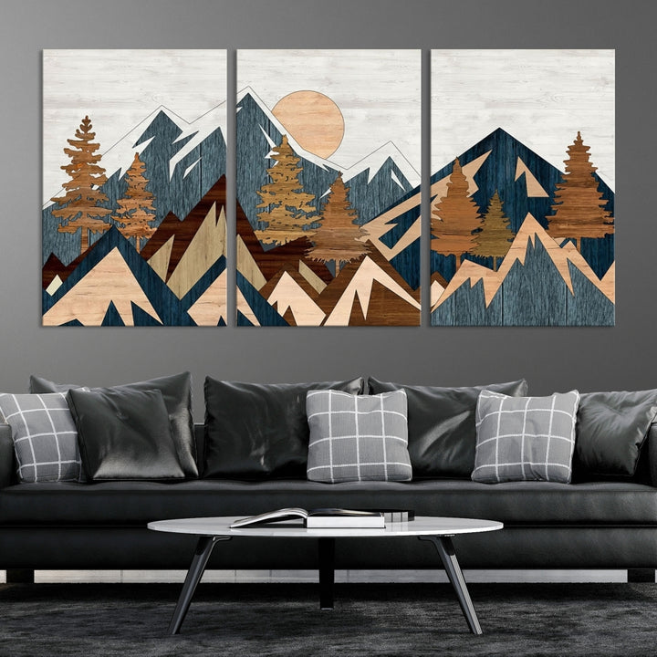 The Abstract Wood Panel Effect Mountain Range Top Wall Art Canvas Print is a striking three-panel art piece featuring mountains, trees, and the sun. Each canvas is gallery wrapped on museum-quality materials and comes with UV protection to ensure durability and preservation.