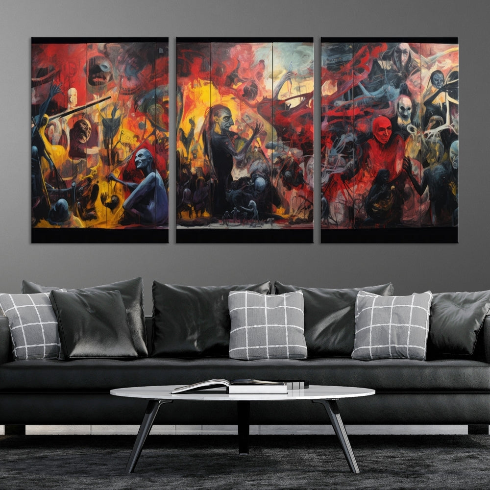 A vibrant Abstract Graffiti Wall Art triptych made of premium canvas, handmade in the USA, adorns the living room.