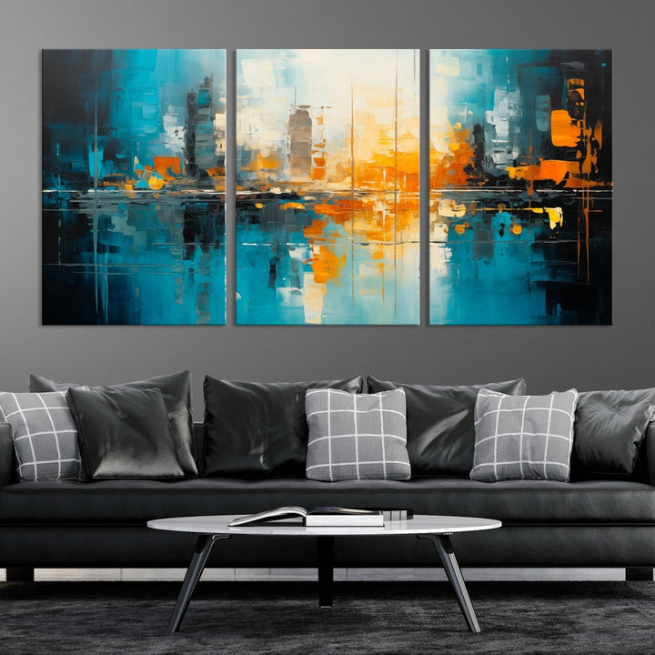 The Large Modern Abstract Wall Art Canvas Print, gallery wrapped on museum-quality canvas, enhances the modern living room setting.