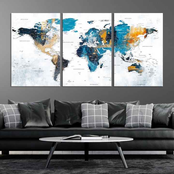 The World Map Turquoise Orange Wall Art Canvas Print, a triptych crafted on museum-quality canvases, adds aesthetic appeal and durability to the space.