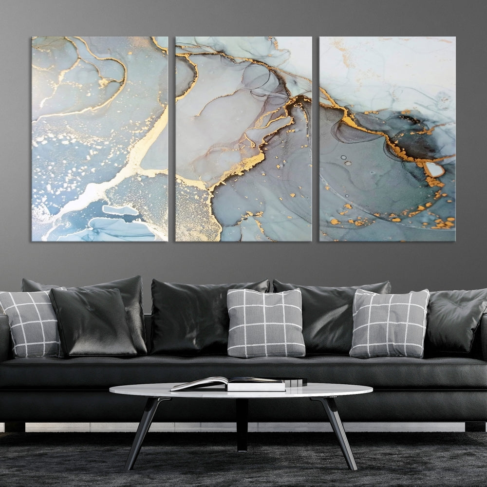 The Marble Texture Canvas Wall Art – Abstract Modern Design with Gold Accents is a perfect choice to enhance your modern space, featuring a triptych design on dark texture.