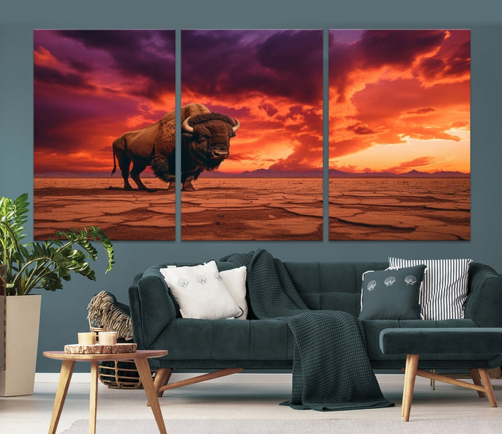 Alone Buffalo on Red Sunset Wall Art Canvas Print