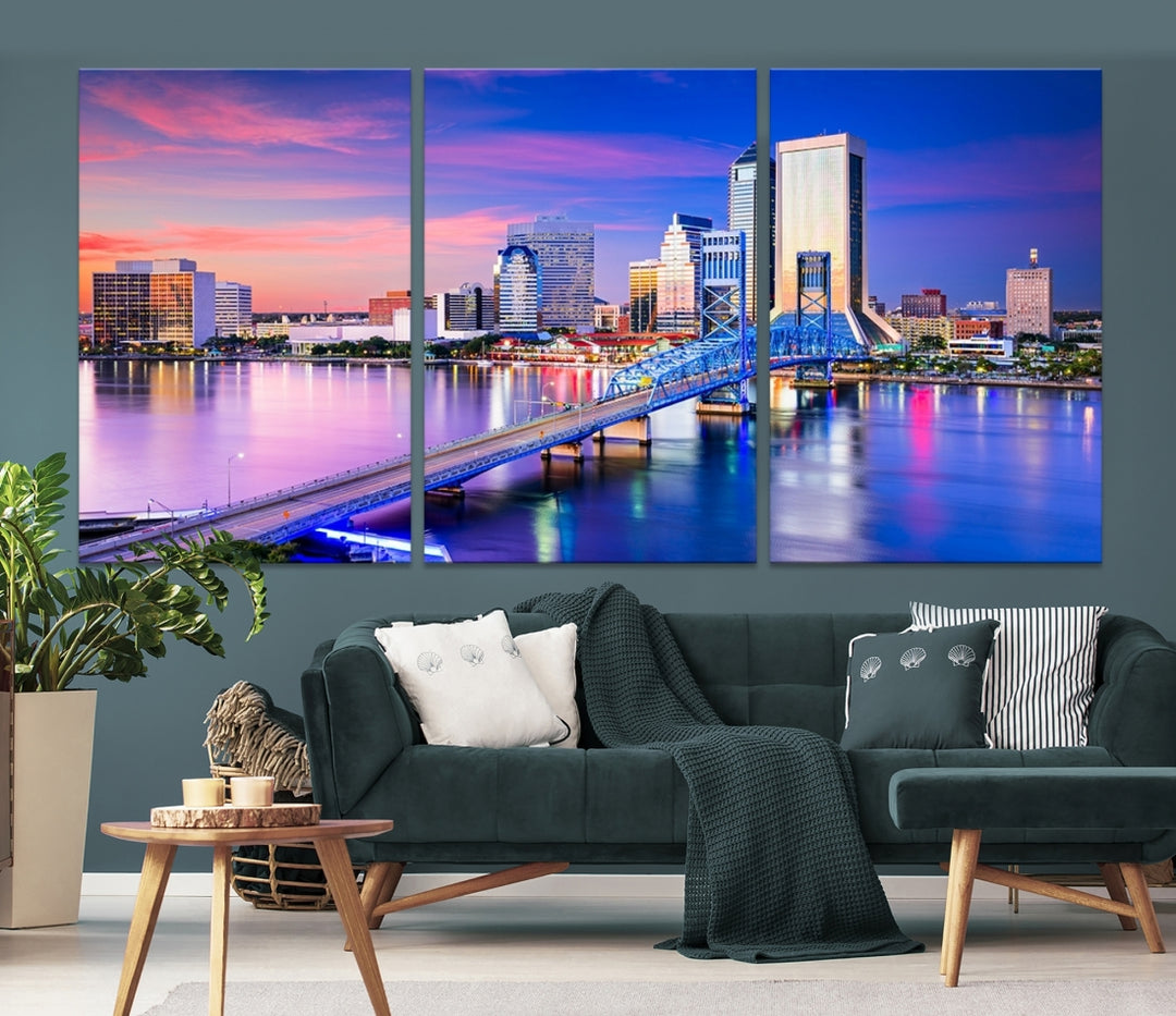 The Jacksonville Wall Art Canvas Print, showcasing the Jacksonville cityscape over a river at sunset, is elegantly crafted on museum-quality canvas with a UV-protective coating. Ready to hang, it elevates your space with its sophisticated charm.