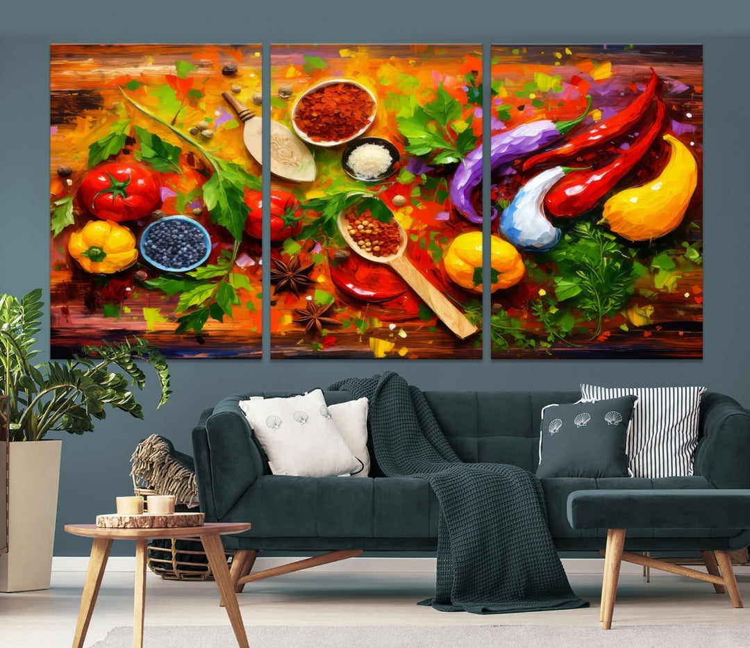 The "Herbs and Spices Culinary Art Foodie Kitchen Art" is a vibrant three-panel painting depicting various vegetables and spices on a wooden background, crafted on museum-quality canvas.