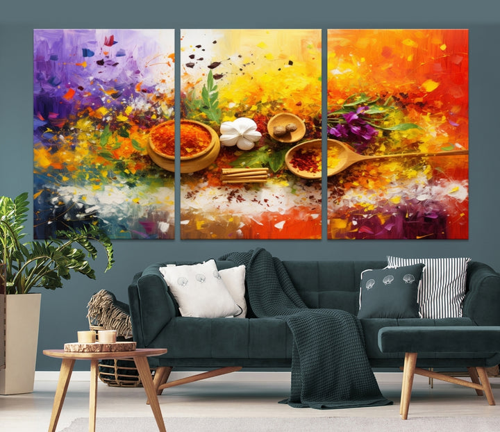 The Abstract Spoonful of Spice Art Print Kitchen Wall, featuring a colorful triptych design of spices and herbs on museum-quality canvas with a UV-protective coating, enhances the modern living room. It's ready to hang, adding a vibrant touch to the space.