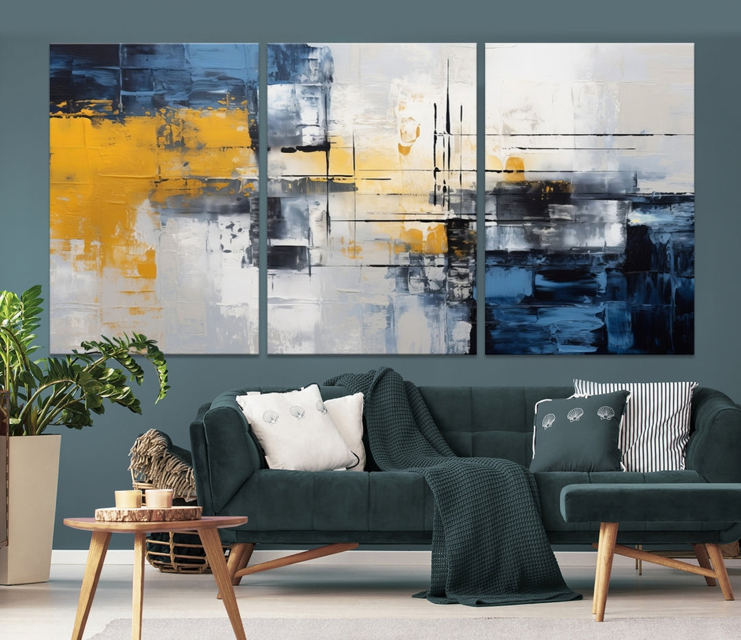 The Yellow Orange Blue Abstract Wall Art Print on gallery-wrapped, museum-quality canvases adds a vibrant touch to the room.