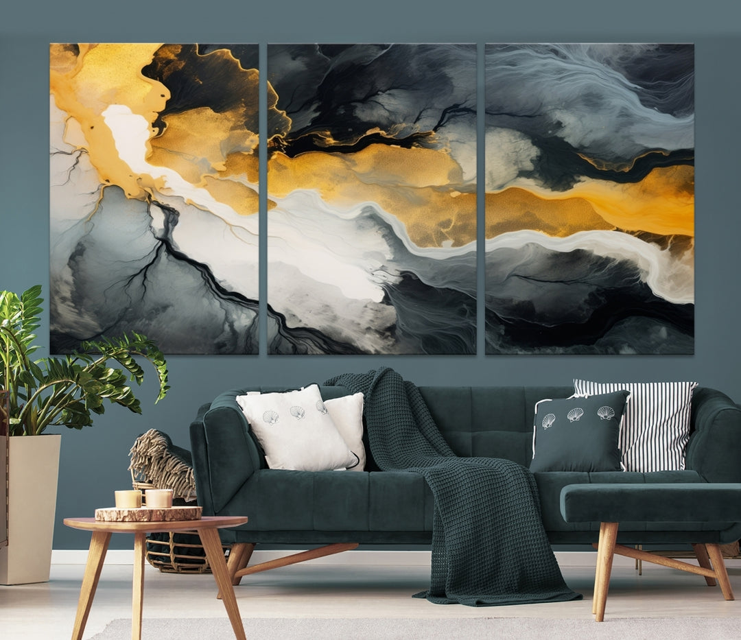 The Smoke Gray Green Golden Abstract Contemporary Art Canvas beautifully enhances a modern living room. Created on museum-quality canvas, this ready-to-hang artwork guarantees longevity and sophistication, perfectly aligning with the contemporary aesthetic.