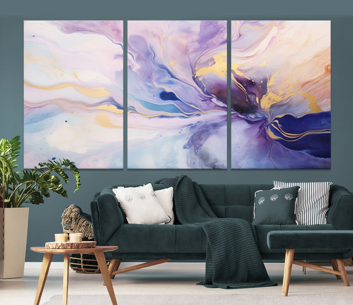 In the modern living room, a captivating Purple Color Abstract Wall Art Print graces the walls, mounted on museum-quality canvas, infusing the space with an artistic flair.