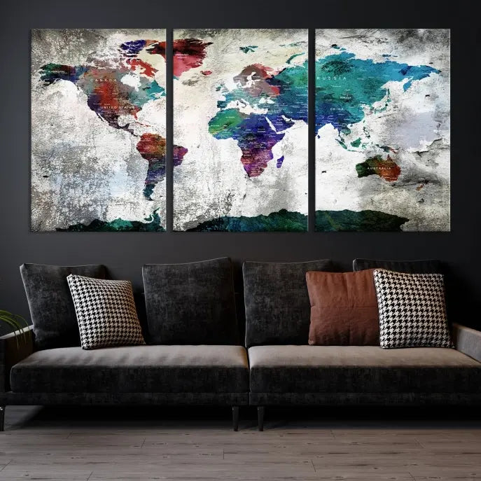 A three-panel World Map Wall Art Canvas Print, crafted with museum-quality materials, adorns the wall.