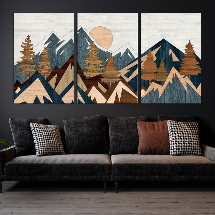 The Abstract Wood Panel Effect Mountain Range Top Wall Art Canvas Print is a striking three-panel art piece featuring mountains, trees, and the sun. Each canvas is gallery wrapped on museum-quality materials and comes with UV protection to ensure durability and preservation.