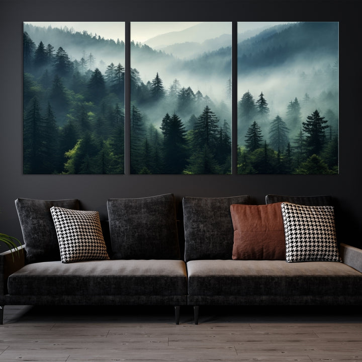 The Captivating Misty Forest Wall Art Premium Canvas Print offers a foggy and serene ambiance, enhancing the modern living room's atmosphere.