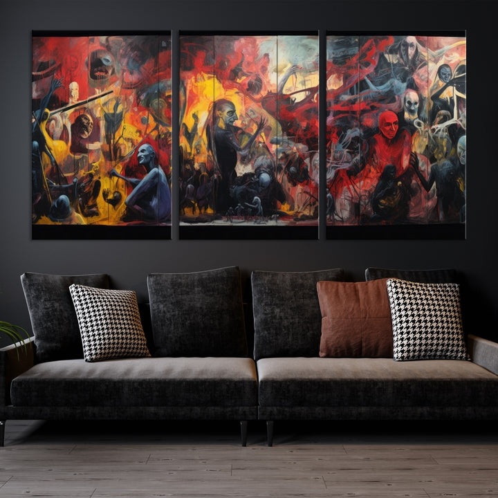 A vibrant Abstract Graffiti Wall Art triptych made of premium canvas, handmade in the USA, adorns the living room.