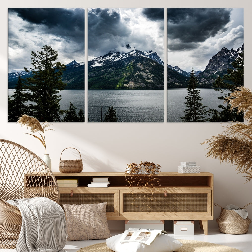 Grand Teton National Park Canvas Wall Art – Majestic Mountain Landscape Under Dramatic Clouds - Ready to Hang