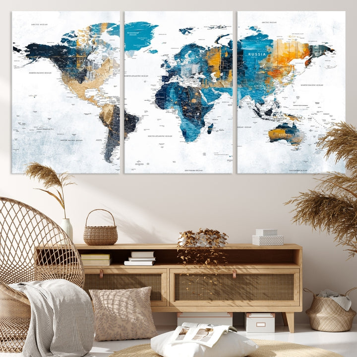 The World Map Turquoise Orange Wall Art Canvas Print, a triptych crafted on museum-quality canvases, adds aesthetic appeal and durability to the space.