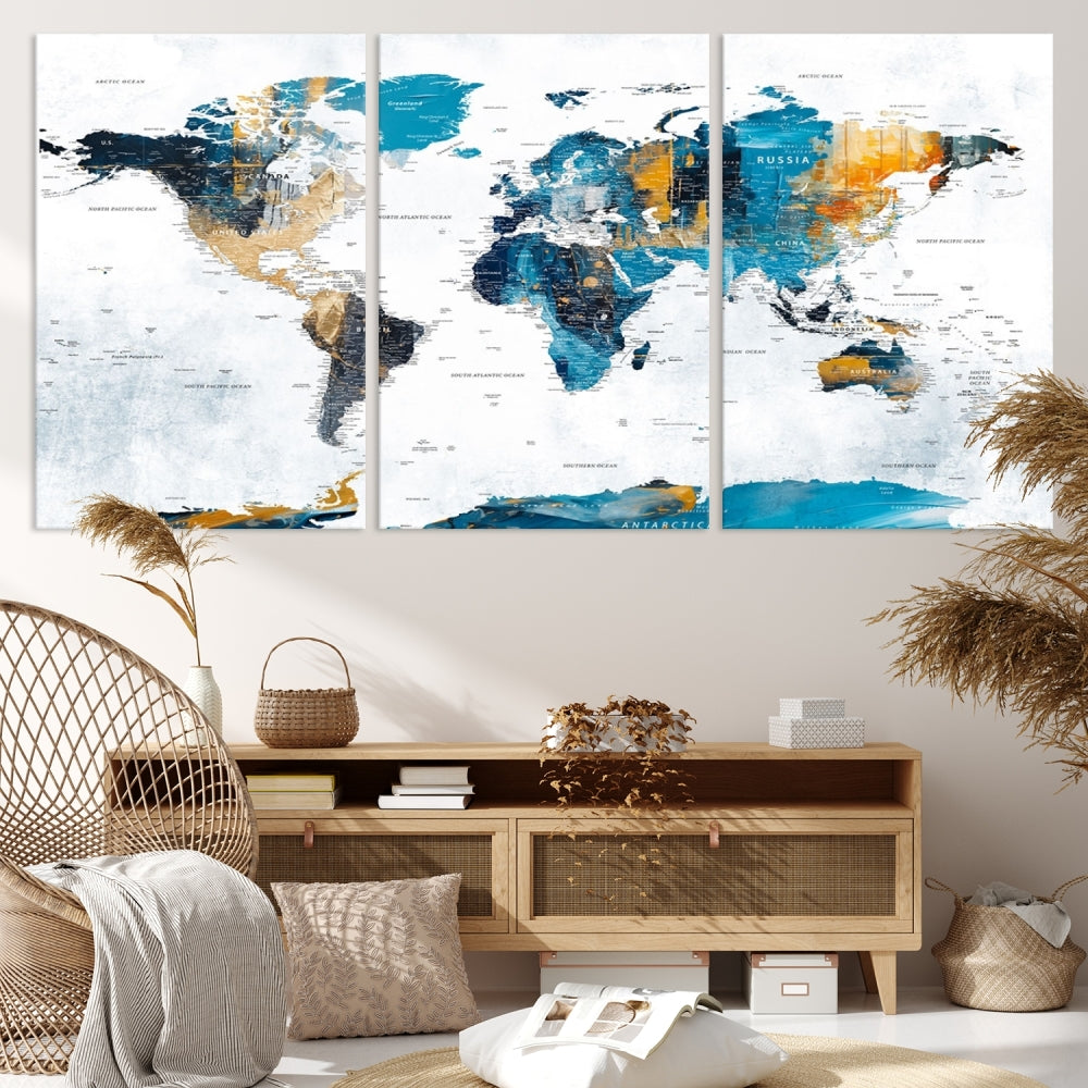 The "Turquoise Orange World Map Canvas Wall Art" showcases striking blue and orange tones. This museum-quality canvas features a UV-protective coating for enhanced durability and vibrant color retention.