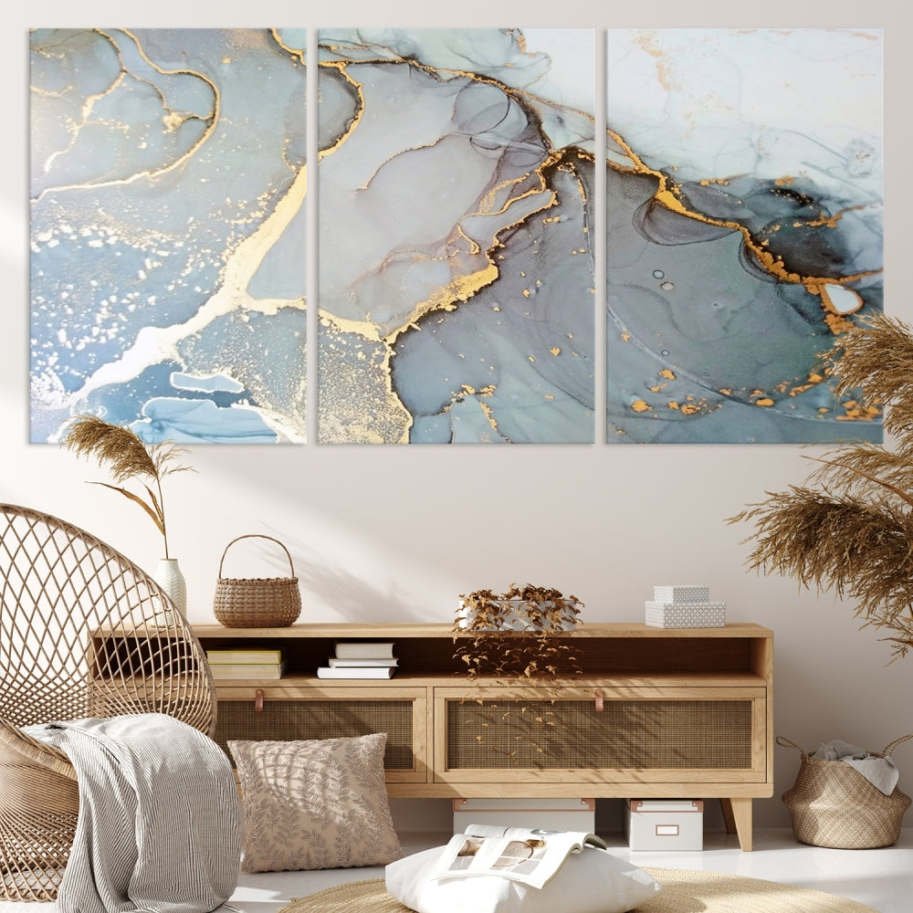 The Marble Texture Canvas Wall Art – Abstract Modern Design with Gold Accents is a perfect choice to enhance your modern space, featuring a triptych design on dark texture.