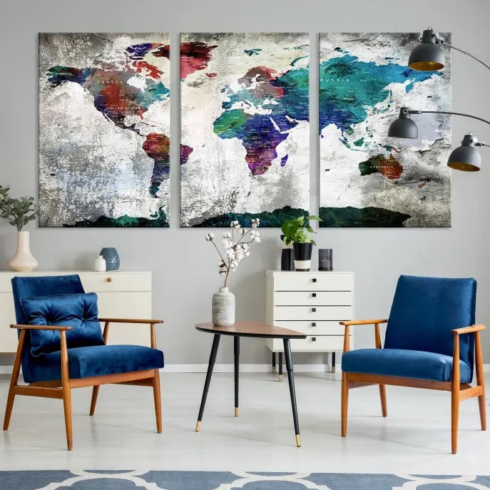 A three-panel World Map Wall Art Canvas Print, crafted with museum-quality materials, adorns the wall.