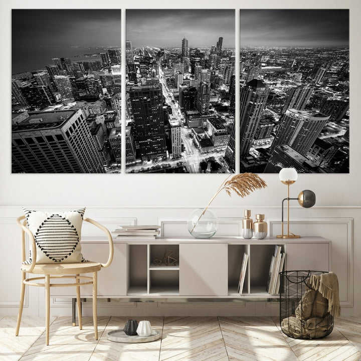 A Chicago Wall Art Canvas Print, specifically the Chicago City Night Canvas Print, is displayed in handcrafted frames.