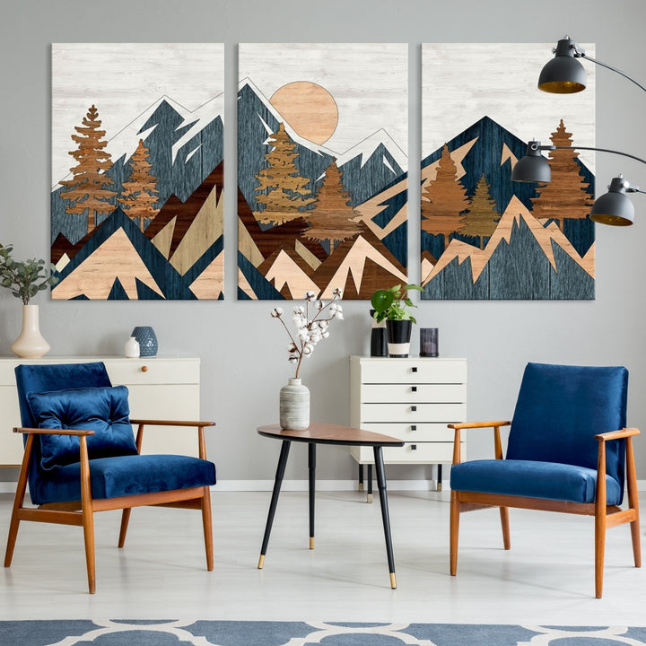 The Abstract Wood Panel Effect Mountain Range Top Wall Art Canvas Print is a striking three-panel art piece featuring mountains, trees, and the sun. Each canvas is gallery wrapped on museum-quality materials and comes with UV protection to ensure durability and preservation.