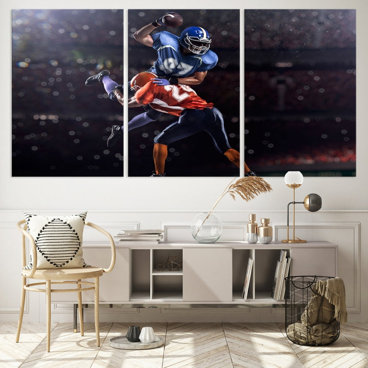 A stylish living room featuring a large gallery-quality American Football Wall Art Canvas Print, showcasing stadium sport imagery, on the wall.