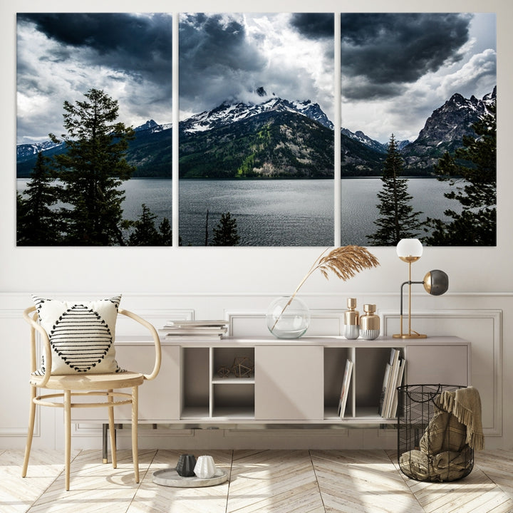 Grand Teton National Park Canvas Wall Art – Majestic Mountain Landscape Under Dramatic Clouds - Ready to Hang