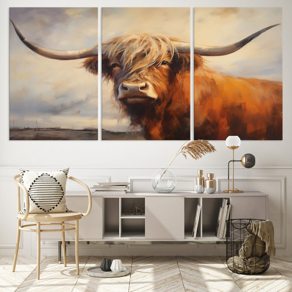 Triptych canvas wall art featuring a majestic abstract Highland longhorn cow with long horns and a flowing coat, set against a serene, natural backdrop.