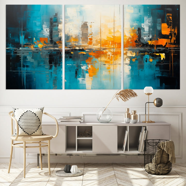 The Large Modern Abstract Wall Art Canvas Print, gallery wrapped on museum-quality canvas, enhances the modern living room setting.