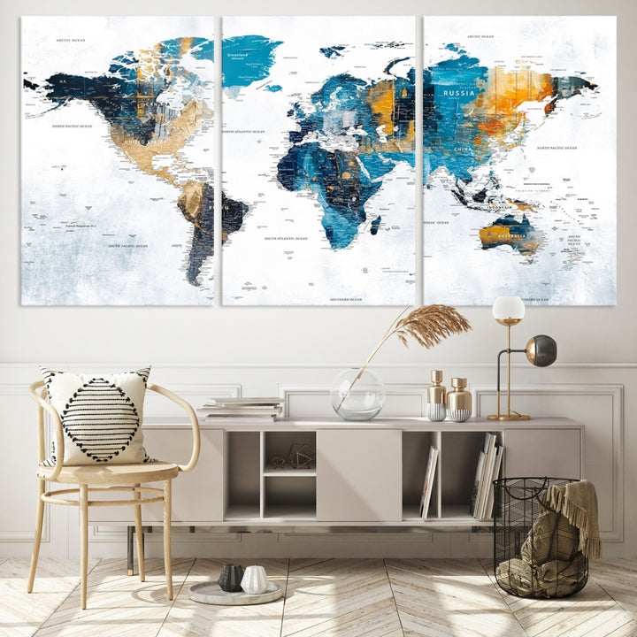 The World Map Turquoise Orange Wall Art Canvas Print, a triptych crafted on museum-quality canvases, adds aesthetic appeal and durability to the space.