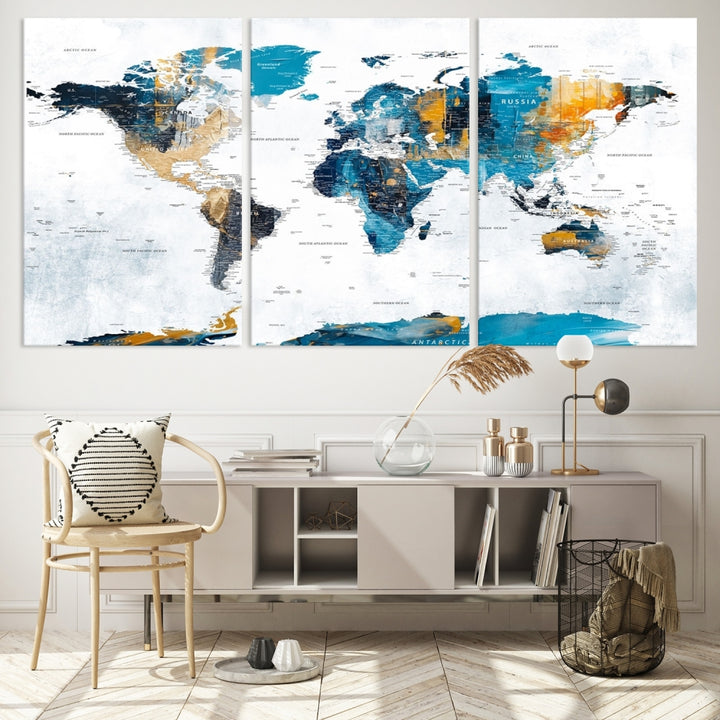 The "Turquoise Orange World Map Canvas Wall Art" showcases striking blue and orange tones. This museum-quality canvas features a UV-protective coating for enhanced durability and vibrant color retention.