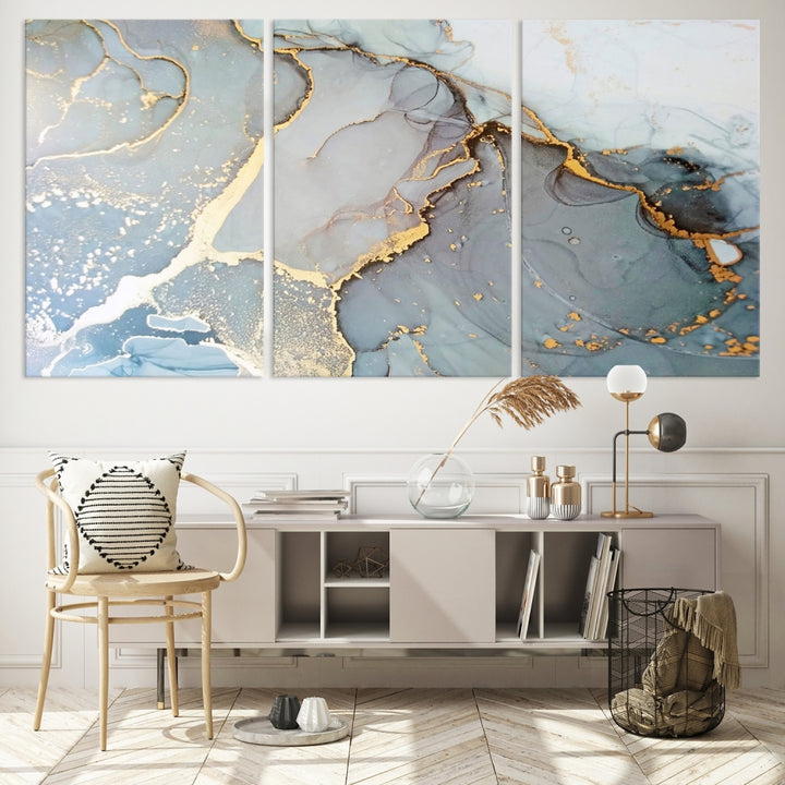 The Marble Texture Canvas Wall Art – Abstract Modern Design with Gold Accents is a perfect choice to enhance your modern space, featuring a triptych design on dark texture.