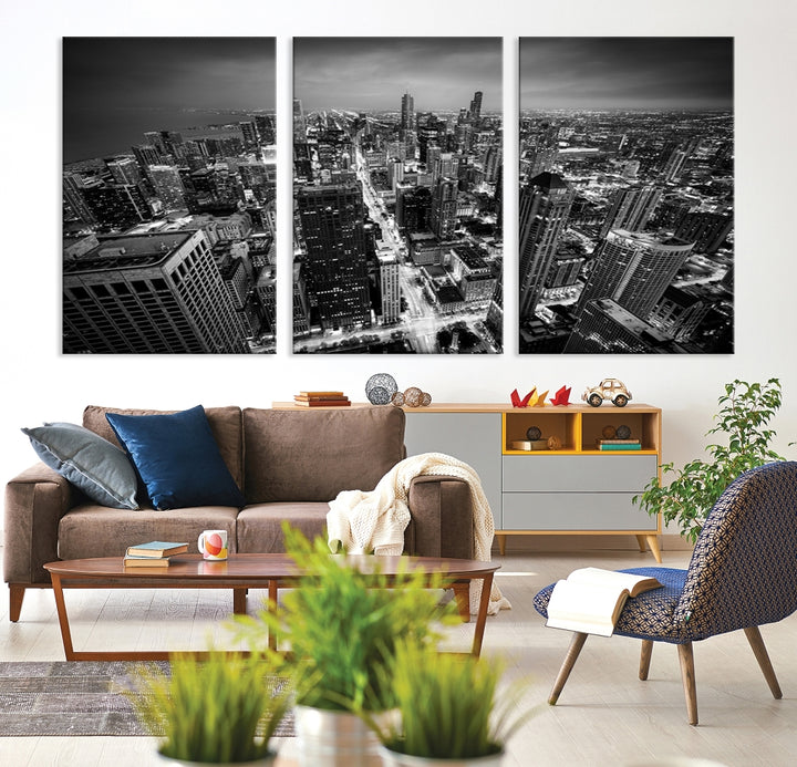 A Chicago Wall Art Canvas Print, specifically the Chicago City Night Canvas Print, is displayed in handcrafted frames.