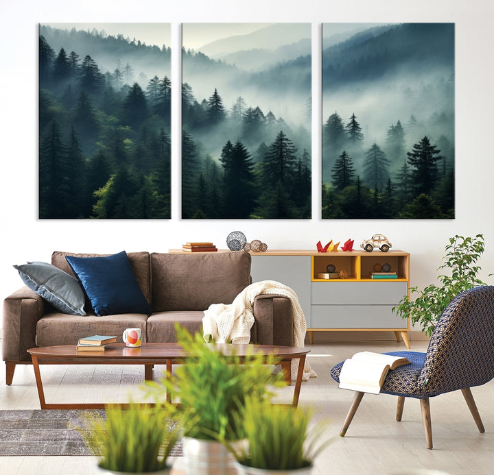 The Captivating Misty Forest Wall Art Premium Canvas Print offers a foggy and serene ambiance, enhancing the modern living room's atmosphere.