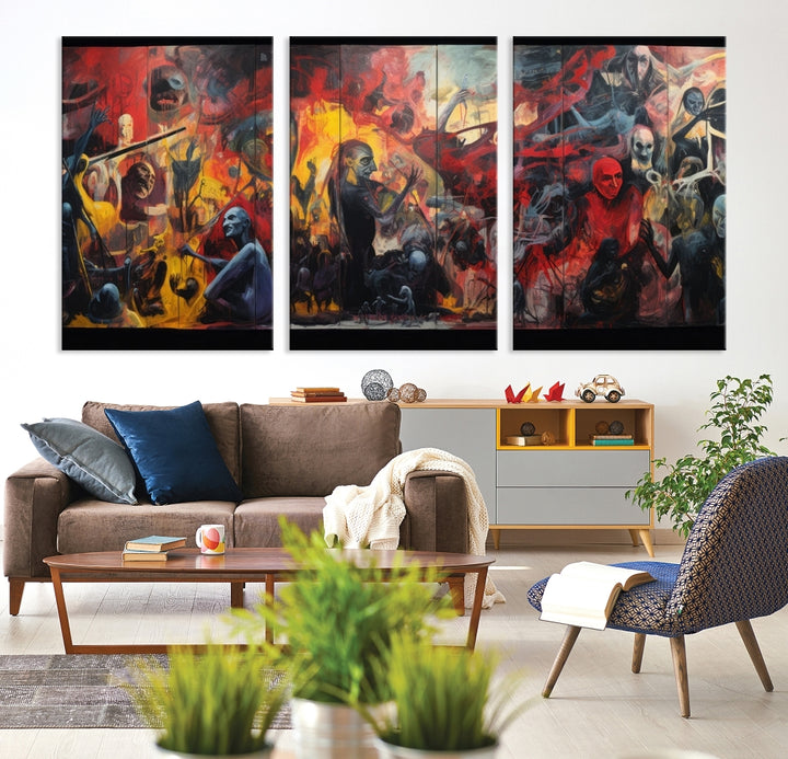 A vibrant Abstract Graffiti Wall Art triptych made of premium canvas, handmade in the USA, adorns the living room.