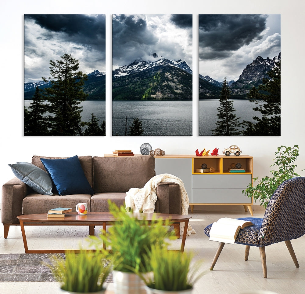 Grand Teton National Park Canvas Wall Art – Majestic Mountain Landscape Under Dramatic Clouds - Ready to Hang