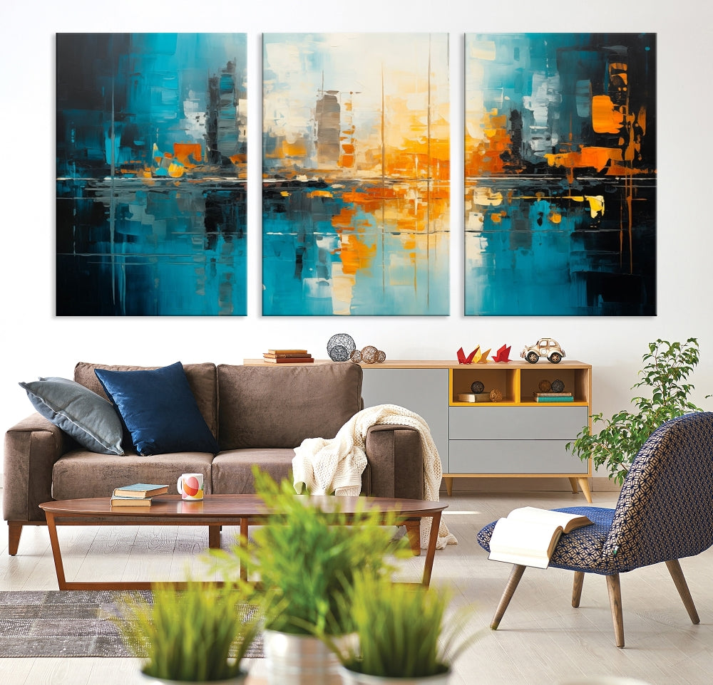 The Large Modern Abstract Wall Art Canvas Print, gallery wrapped on museum-quality canvas, enhances the modern living room setting.