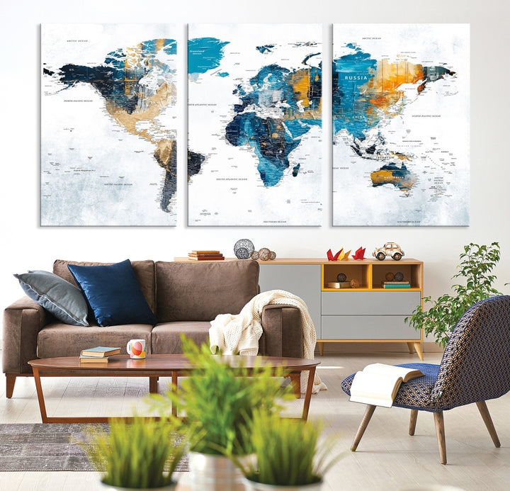 The World Map Turquoise Orange Wall Art Canvas Print, a triptych crafted on museum-quality canvases, adds aesthetic appeal and durability to the space.