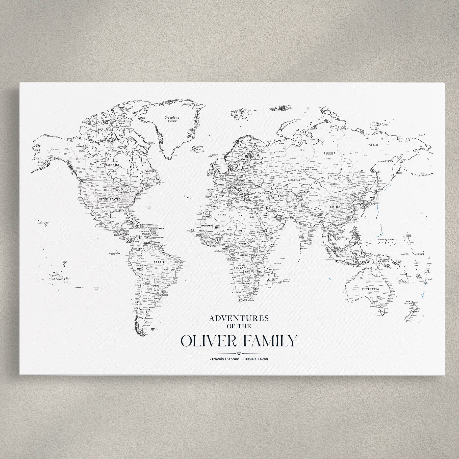 [sku] Personalized Push Pin Map Wall Art Print - Detailed Custom World Map Canvas Print