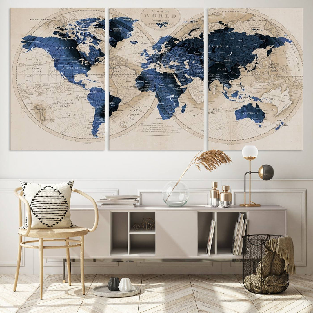 The Vintage Triptych Map Print is a grunge-stained blue and beige world map, perfect for enhancing wall decor.